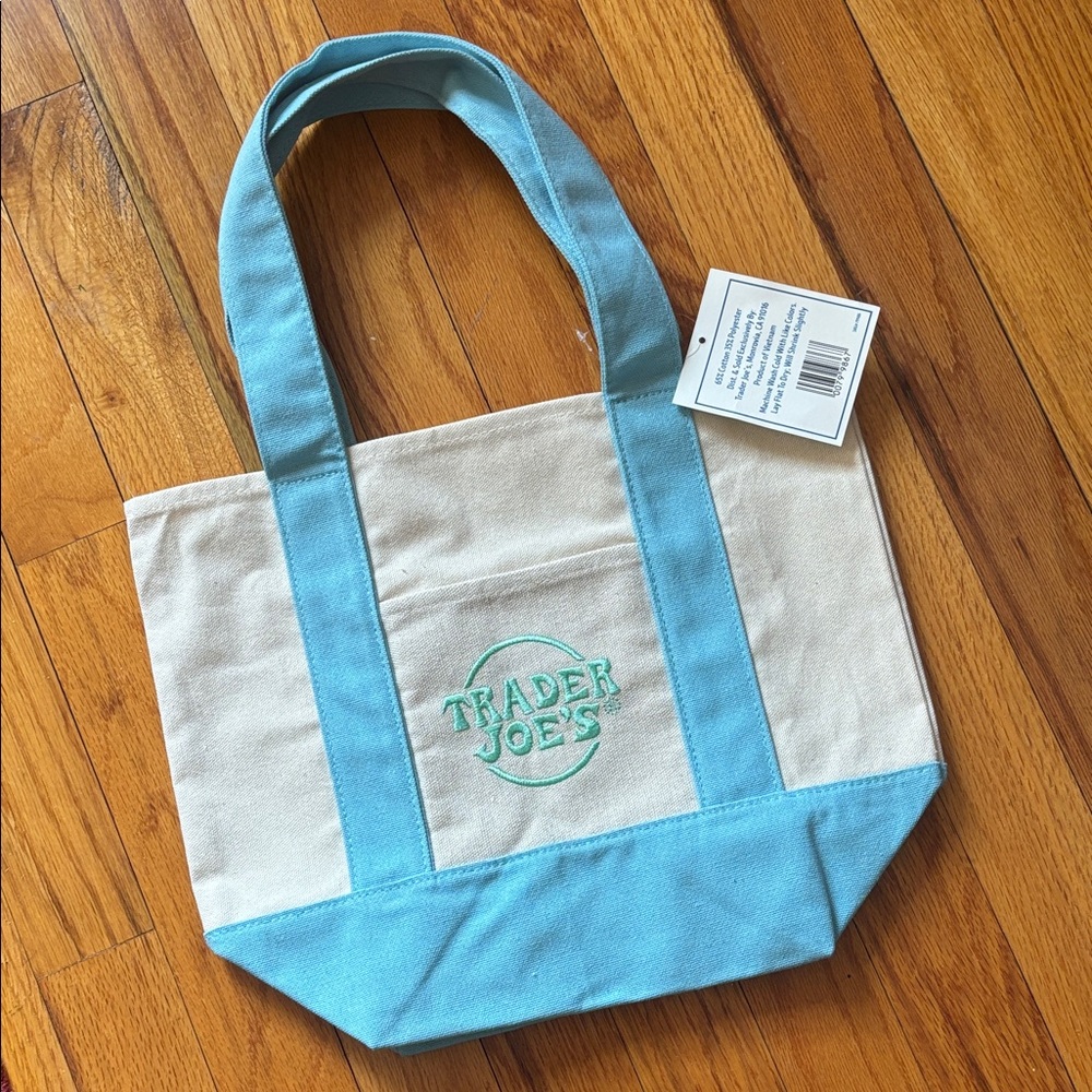 Trader Joe’s Mini Pastel Canvas Tote 💙 Baby Blue/Cream NWT